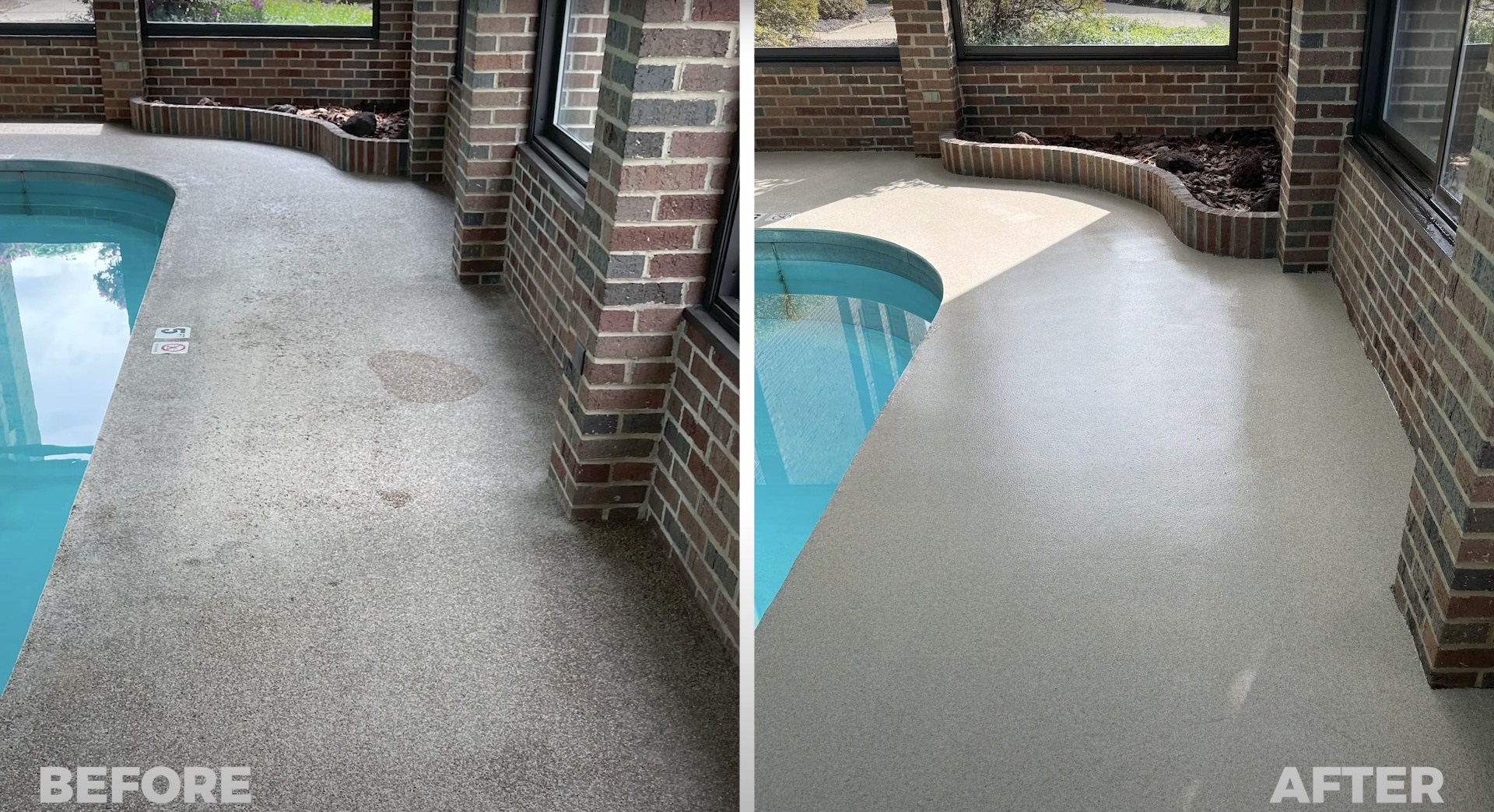 Professional pool deck resurfacing - RegalCrest Kent Concrete before and after results Before and after pool deck resurfacing showing concrete repair and restoration work